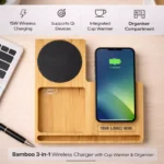 Bamboo 3-in-1 Wireless Charger with Cup Warmer & Organiser - Image 2