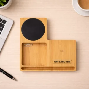 Bamboo 3-in-1 wireless charger with cup warmer and desk organiser for corporate gifting and onboarding kits