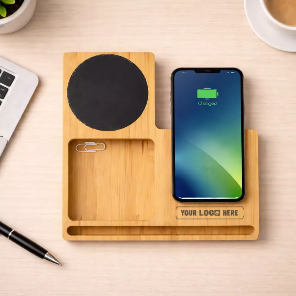 Bamboo 3-in-1 Wireless Charger with Cup Warmer & Organiser - Image 3