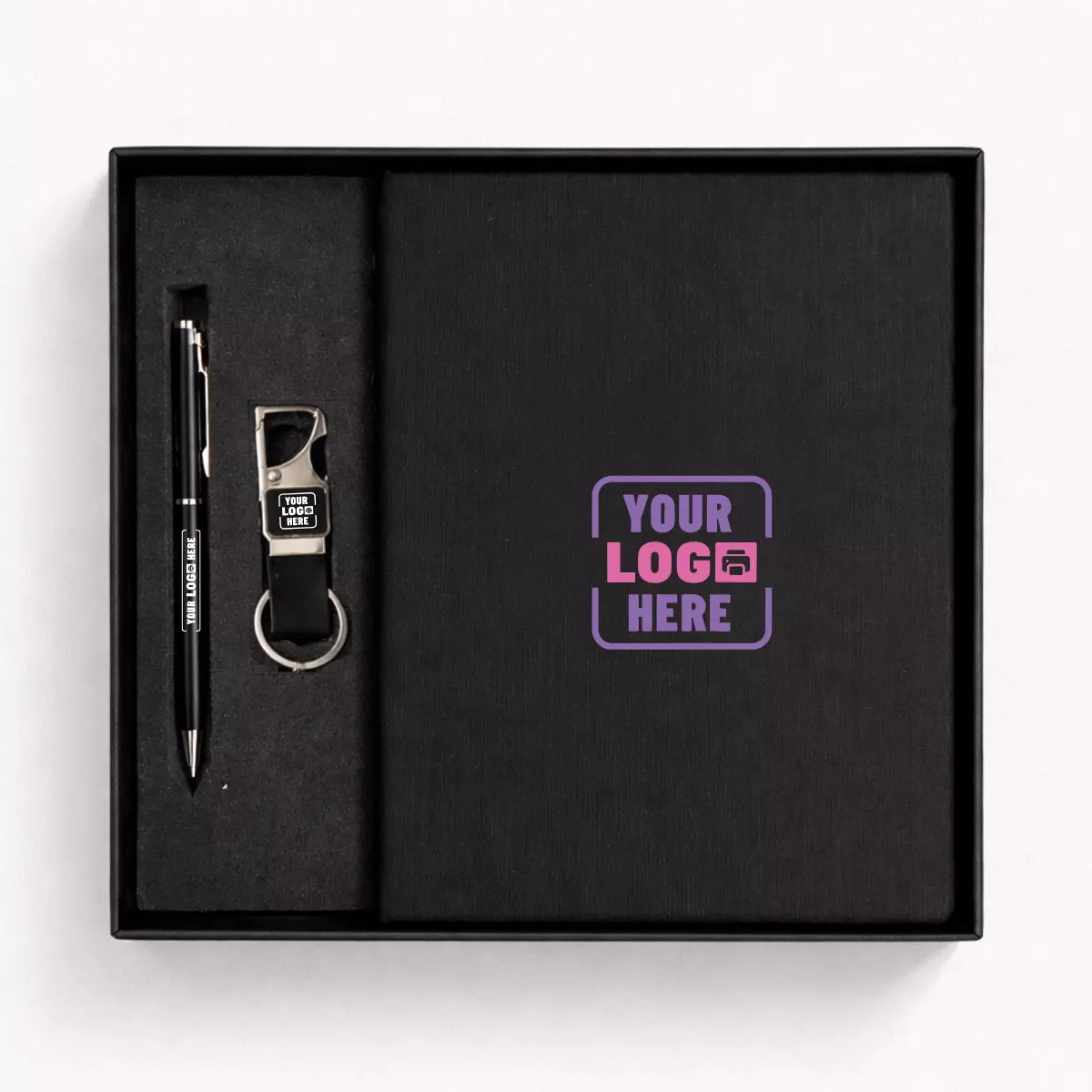 Basic Pen Diary keychain set-Carbon Basic pen diary keychain set carbon finish with notebook, pen, and keychain suitable for employee welcome kits and corporate gifting