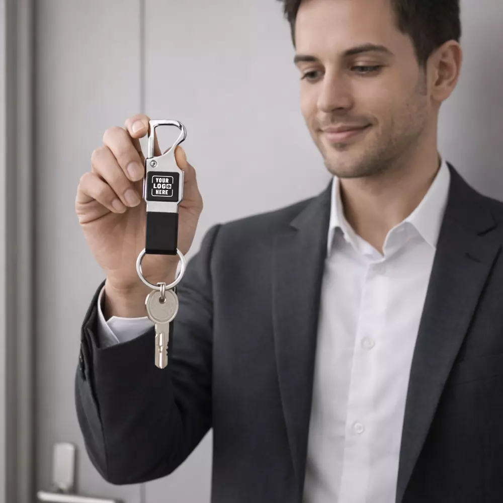 Classic Metal Hook Leather Keychain – Black - Image 3