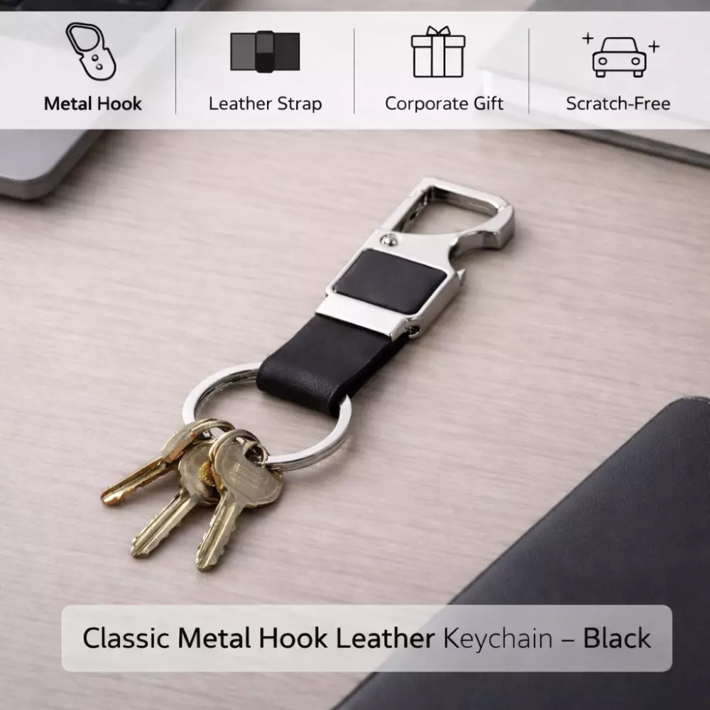 Classic Metal Hook Leather Keychain – Black - Image 2