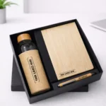 Elegant 3in1 set with borosilicate glass bottle, pen, and keychain suitable for employee welcome kits and corporate gifting