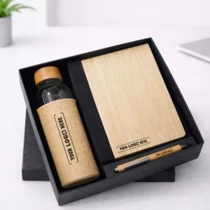 Elegant 3in1 set with borosilicate glass bottle, pen, and keychain suitable for employee welcome kits and corporate gifting