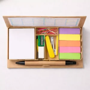 Office stationery box with organized compartments and essential office supplies suitable for employee welcome kits and corporate gifting