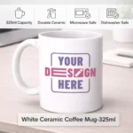 White ceramic coffee mug 325ml placed on desk suitable for corporate gifting and employee welcome kits