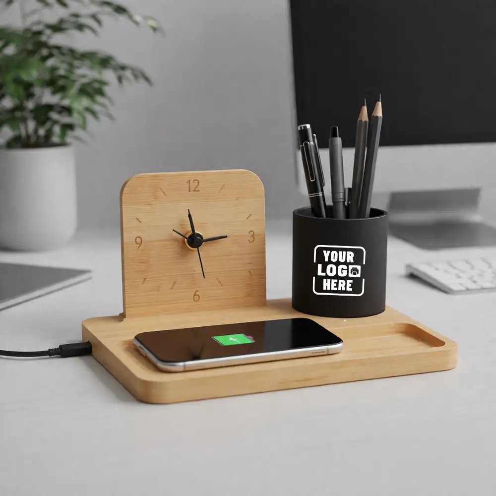 4in1 Bamboo Charger featured with multi-device charging capability and natural finish for Brandvaarta corporate gifting and onboarding kits
