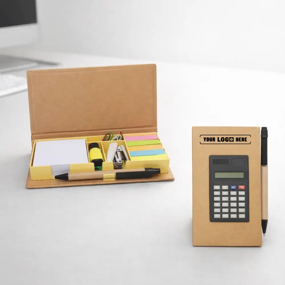 Aura Office Stationery Box With Calculator khaki with organized compartments for desk use in corporate gifting and onboarding kits by Brandvaarta