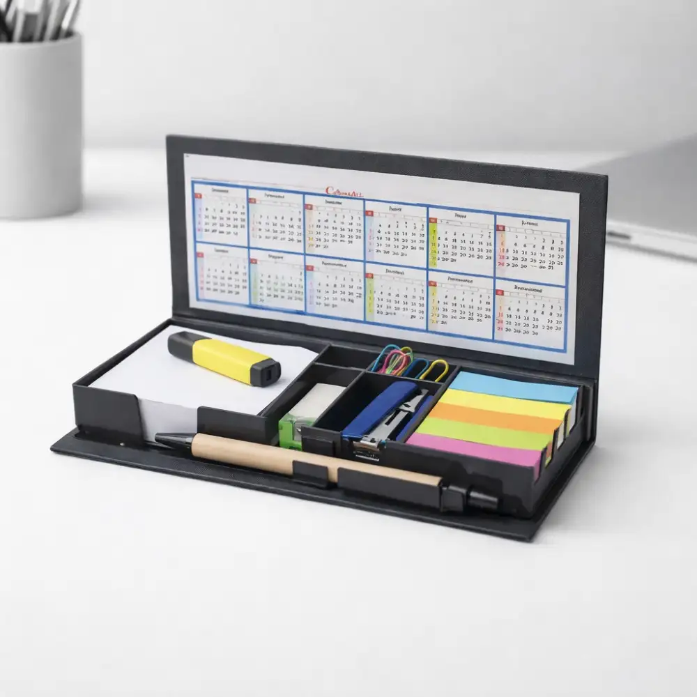 Aura Office Stationery Box With Calculator black with organized compartments for desk use in corporate gifting and onboarding kits by Brandvaarta