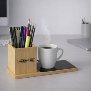 Bamboo 2-in-1 Wireless Charger with Mobile Stand designed for desk use in corporate gifting and employee onboarding kits