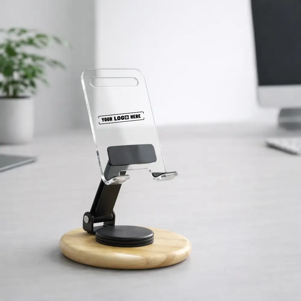 Clear View Bamboo Mobile Stand with sturdy natural finish for hands-free viewing in Brandvaarta corporate gifting and onboarding kits
