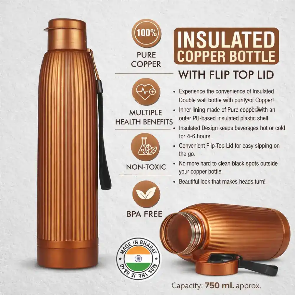 Pure Copper Insulated Bottle 750ml with durable build and leak proof design for corporate gifting and onboarding kits by Brandvaarta