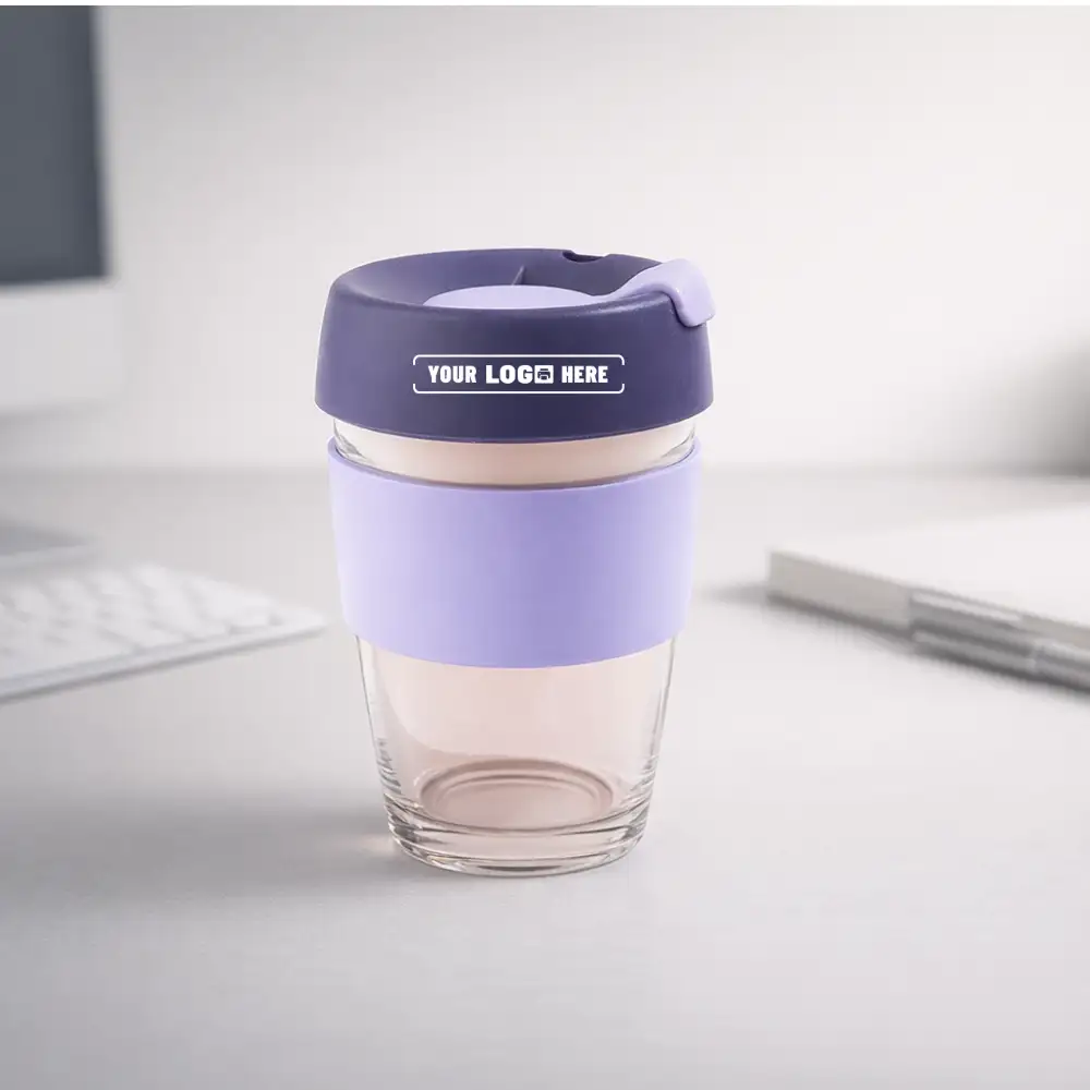 TintBox Glass Coffee Sipper Cup 350ml purple with durable borosilicate design for beverages in corporate gifting and onboarding kits by Brandvaarta