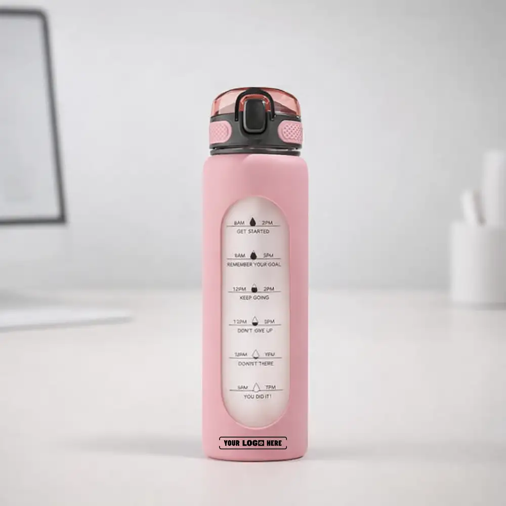 TintBox Motivational Borosilicate Glass Sipper 1L pink with printed quotes for hydration in corporate gifting and onboarding kits by Brandvaarta