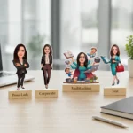 Personalized caricature stand with custom illustration on durable base suitable for employee desks