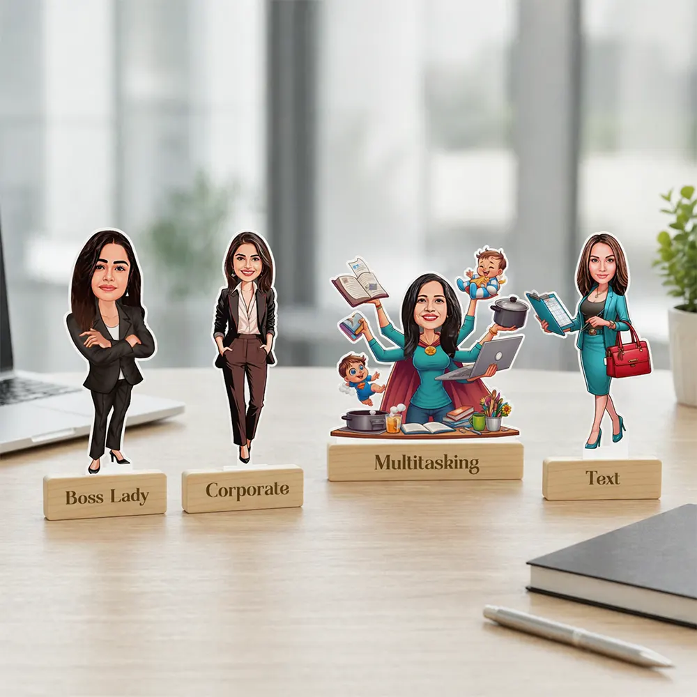 Personalized caricature stand with custom illustration on durable base suitable for employee desks