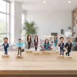 Personalized caricature stand with custom illustration on durable base suitable for employee desks and corporate gifting