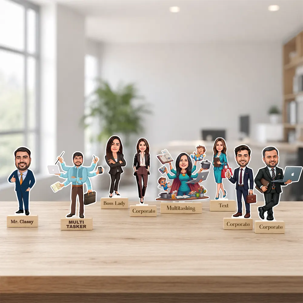 Personalized caricature stand with custom illustration on durable base suitable for employee desks and corporate gifting