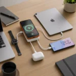 5-in-1-Wireless-Powerbank-with-Charging-Hub-charging-device on desk