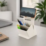 Apex organiser with phone stand featuring stationery compartments, vertical and horizontal mobile holder, and branding space