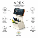 Apex organiser with phone stand featuring stationery compartments, vertical and horizontal mobile holder, and branding space kept on table
