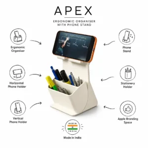 Apex organiser with phone stand featuring stationery compartments, vertical and horizontal mobile holder, and branding space kept on table