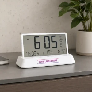 ClearTime Pro digital LCD desk clock with calendar and temperature display for office desks and employee welcome kits