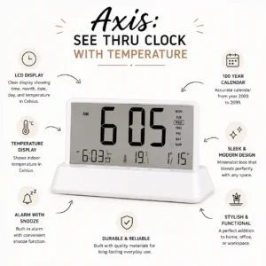 ClearTime Pro digital LCD desk clock with calendar and temperature display for office desks and employee welcome kits features