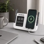 Clockwise multifunctional desk clock organizer with pen holder and storage compartments for office desks and welcome kits