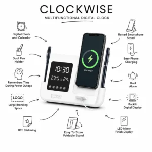 Clockwise multifunctional desk clock organizer with pen holder and storage compartments for office desks and welcome kits features