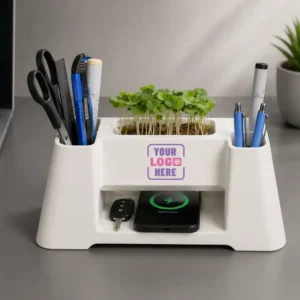 EcoCharge desk organizer with 15W wireless charger, pen holder and storage compartments for office desks and welcome kits