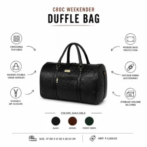 Fur Jaden Croc Weekender duffle bag 35 litre with premium textured finish and spacious storage for travel and onboarding kits features