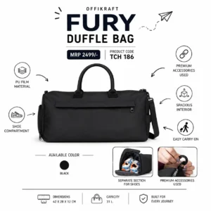 Offikraft Fury duffle bag 31 litre with spacious compartments and durable design for travel, employee kits, and daily use features