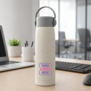 Granite glass bottle with integrated phone stand and secure lid, ideal for hydration, work desks, and corporate gifting front view