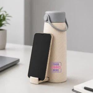 Granite glass bottle with integrated phone stand and secure lid, ideal for hydration, work desks, and corporate gifting