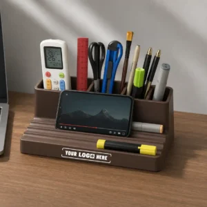 GrooveMate desk organiser in brown finish with storage compartments for office essentials and employee welcome kits