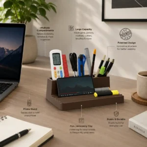 GrooveMate desk organiser in brown finish with storage compartments for office essentials and employee welcome kits features