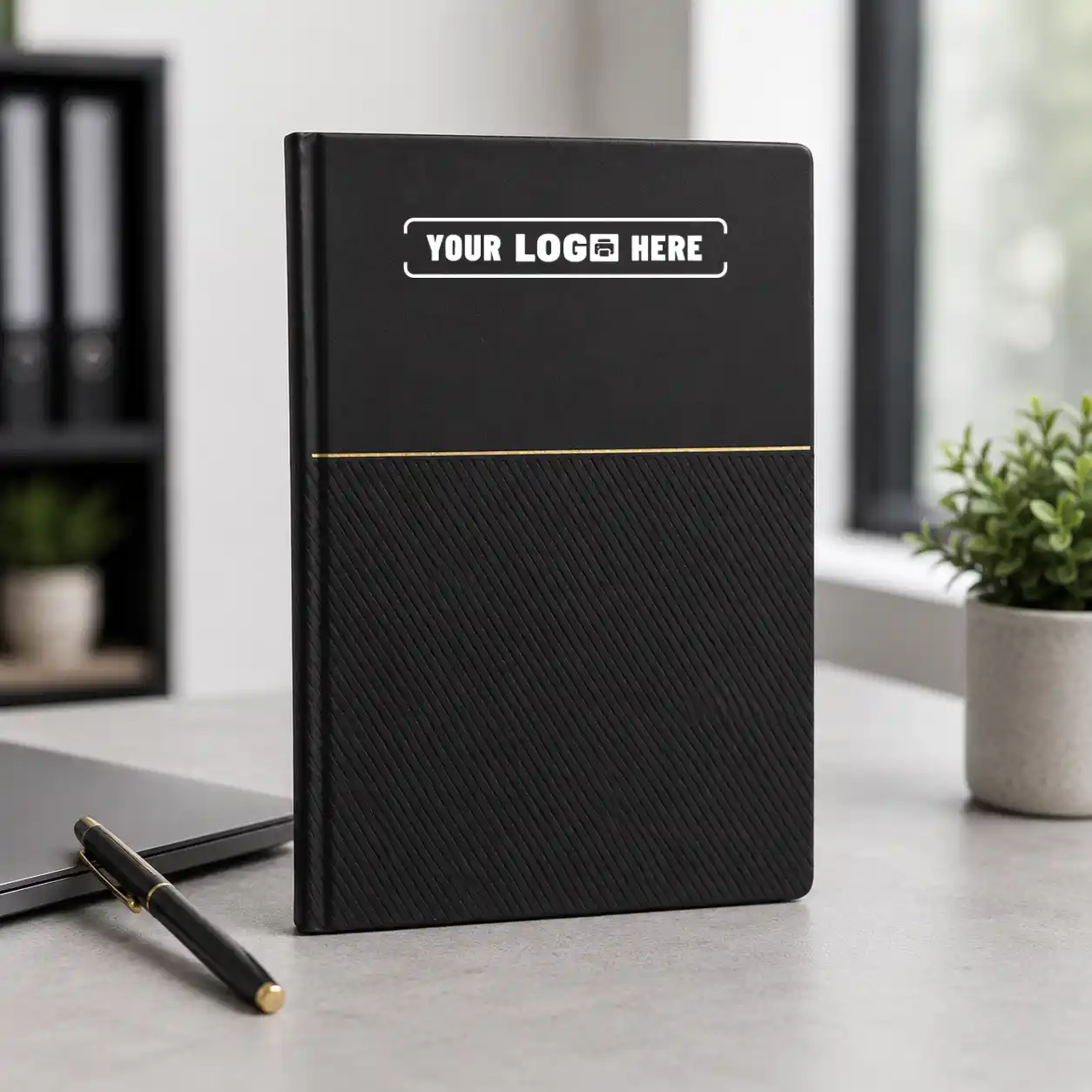 Majestic Slant Notebook-Black Majestic Slant Notebook with a modern angled cover design for corporate gifting, employee welcome kits, and branded office use