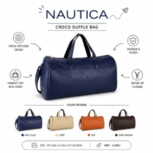 Nautica Croco duffle bag with premium crocodile texture finish and spacious storage for travel, onboarding kits, and daily use features
