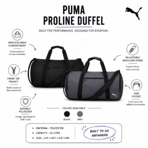 Puma Proline 36 litre duffel bag with spacious compartment and carry handles for employee welcome kits and corporate use features