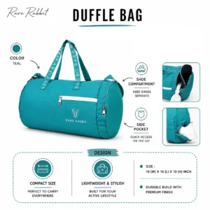 Rare Rabbit teal duffle bag with spacious compartments and carry handles for employee welcome kits and travel use for employees