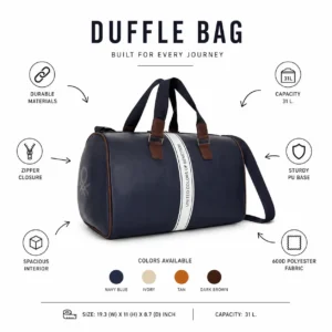 UCB duffle bag 31 litre with spacious main compartment and carry handles suitable for travel, onboarding kits, and daily use features