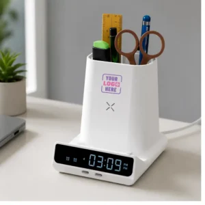 Quest Wireless Charger with Digital Clock & Pen Stand for employee kit
