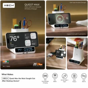 Quest wireless charger with digital clock and pen stand for office desks, employee welcome kits and workspace organization features