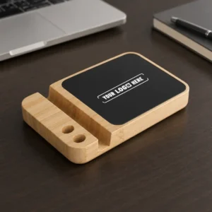 ZenCharge Glow Bamboo Wireless Charger with Phone Stand and Pen Holder