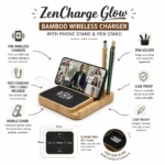 ZenCharge Glow Bamboo Wireless Charger with Phone Stand and Pen Holder features