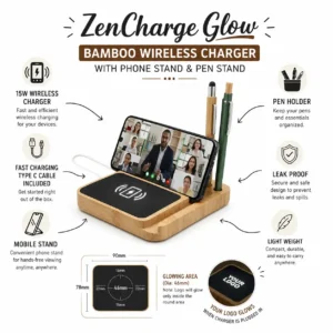 ZenCharge Glow Bamboo Wireless Charger with Phone Stand and Pen Holder features