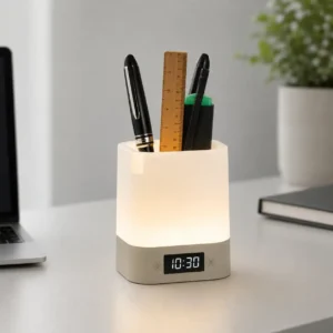 Nova digital ambient light desk organizer with clock, storage compartments and soft lighting for office desks and welcome kits