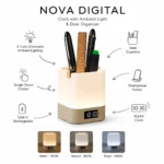 Nova digital ambient light desk organizer with clock, storage compartments and soft lighting for office desks and welcome kits features