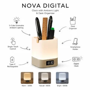 Nova digital ambient light desk organizer with clock, storage compartments and soft lighting for office desks and welcome kits features